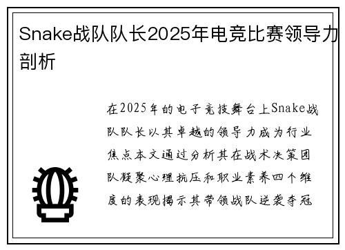 Snake战队队长2025年电竞比赛领导力剖析