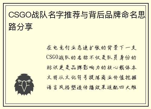 CSGO战队名字推荐与背后品牌命名思路分享